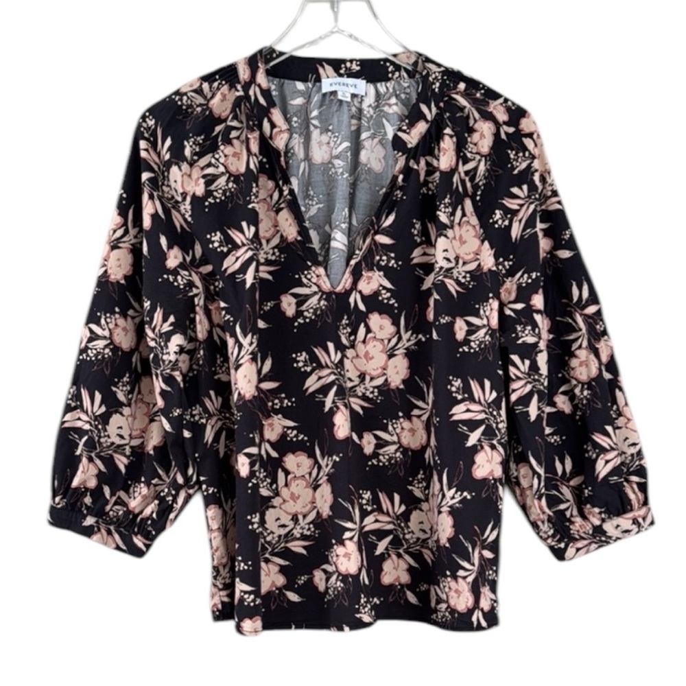 Evereve Floral Black and Pink Women's Top Cotton/Rayon Size XL